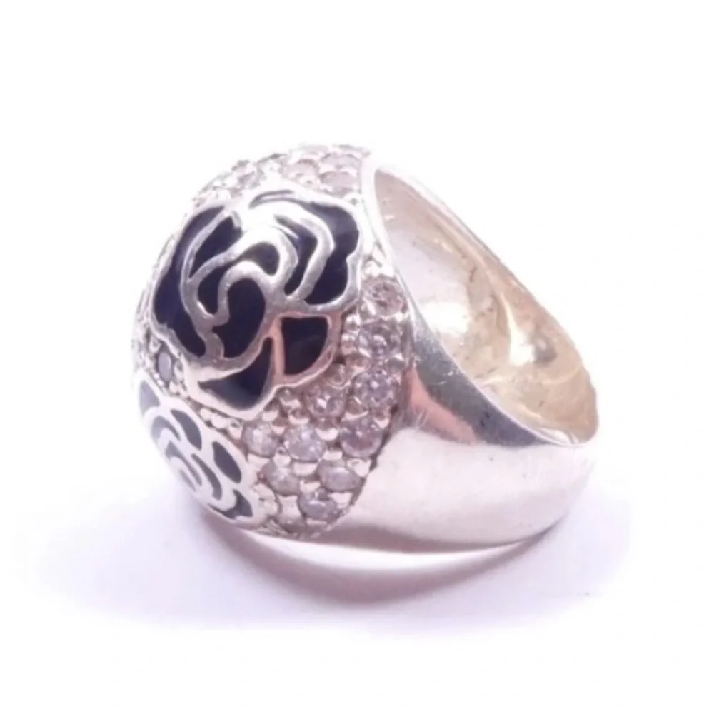 VTG RARESerling Silver Ring Black Enamel Roses with Pave Cz Diamonds Size 10